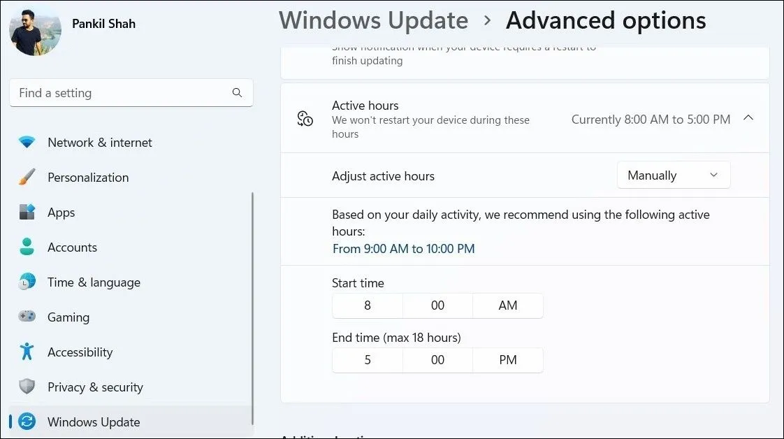 Thiết lập Giờ Hoạt Động thủ công trong Cài đặt Windows