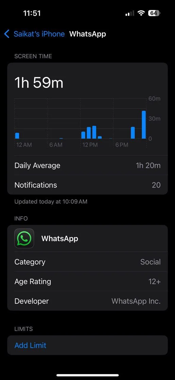 Thiết lập giới hạn thời gian sử dụng ứng dụng WhatsApp trên iPhone qua Screen Time