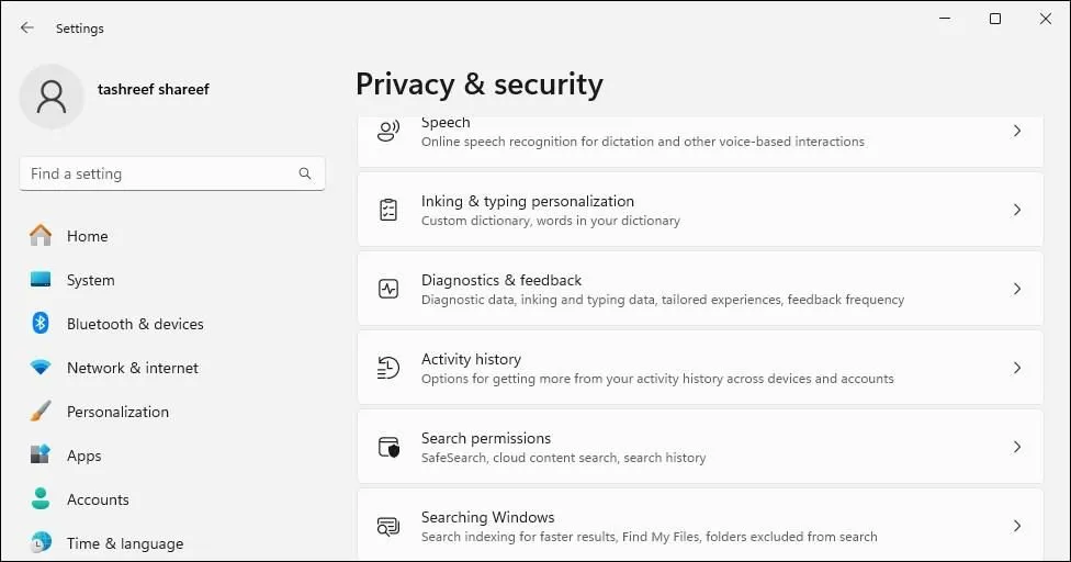 Thiết lập quyền riêng tư và bảo mật, chẩn đoán và phản hồi trên Windows 11