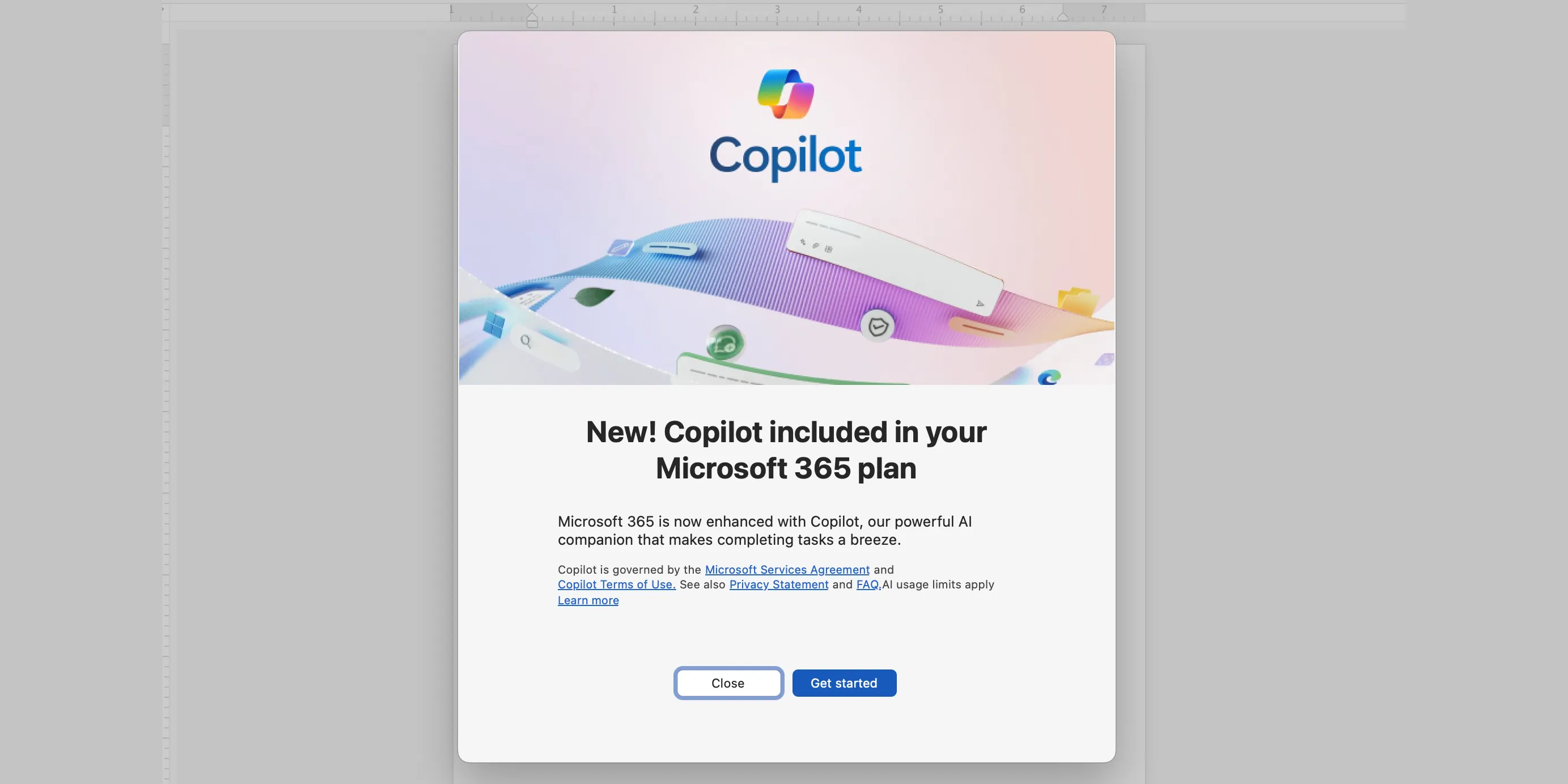 Thông báo cập nhật Copilot hiển thị trong ứng dụng Microsoft Word