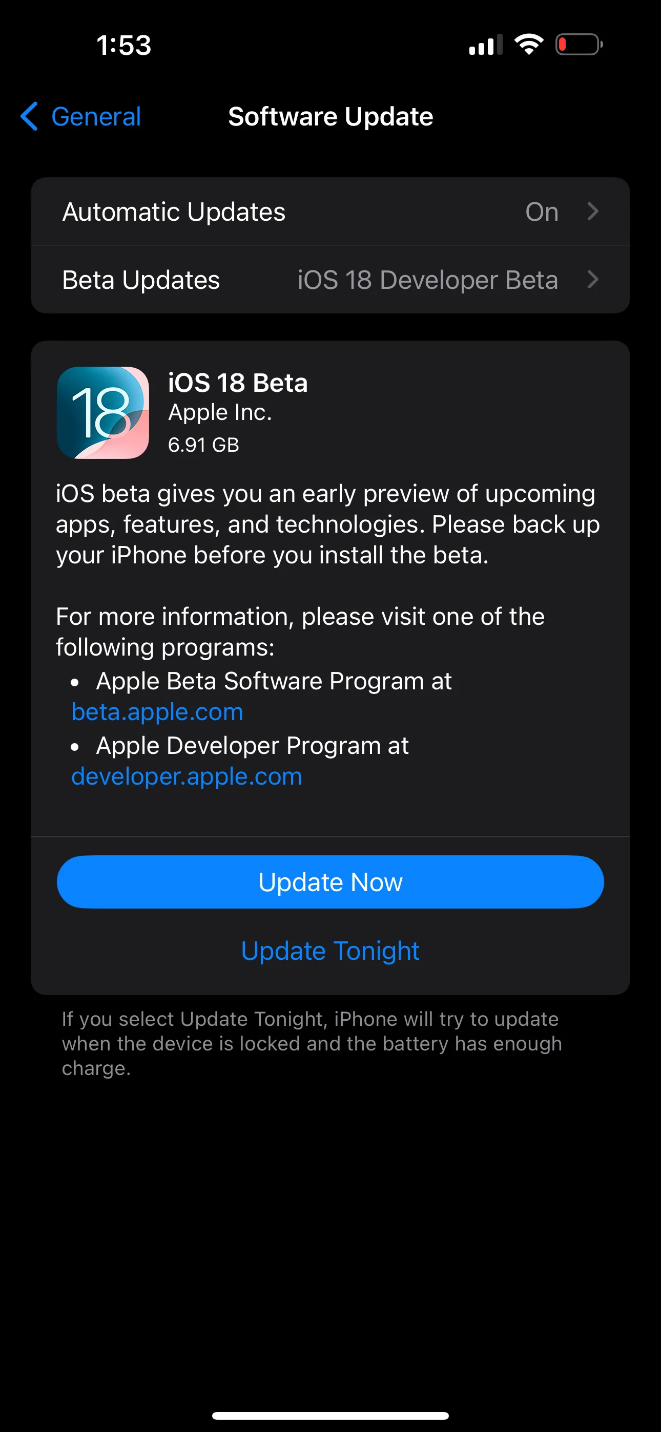 Thông báo cập nhật phiên bản iOS 18 Beta trên iPhone