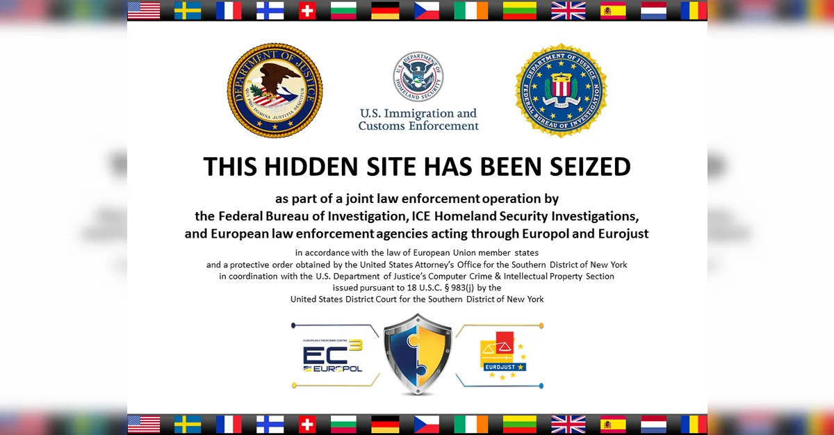 Thông báo của ICE về việc tịch thu một trang web Dark Web, khẳng định khả năng truy vết của cơ quan pháp luật.