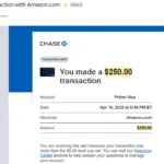 Thông báo email từ Amazon về giao dịch gian lận 250 USD trên thẻ tín dụng.