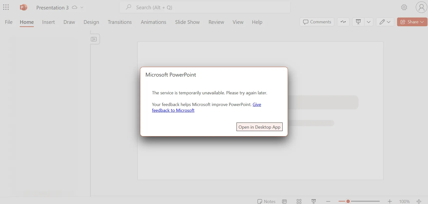 Thông báo lỗi khi cố gắng mở mẫu thuyết trình trong PowerPoint Online, yêu cầu sử dụng ứng dụng desktop.