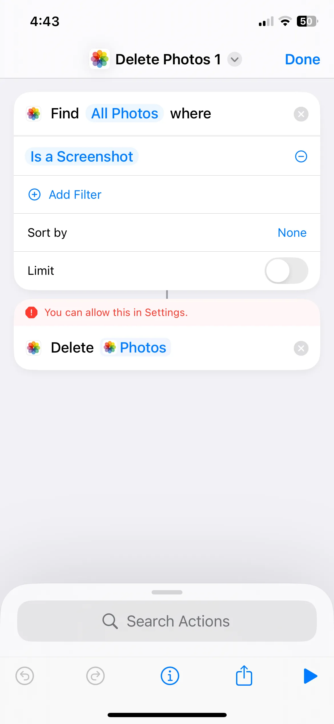 Thông báo lỗi khi ứng dụng Phím tắt iPhone không đủ quyền xóa ảnh hàng loạt