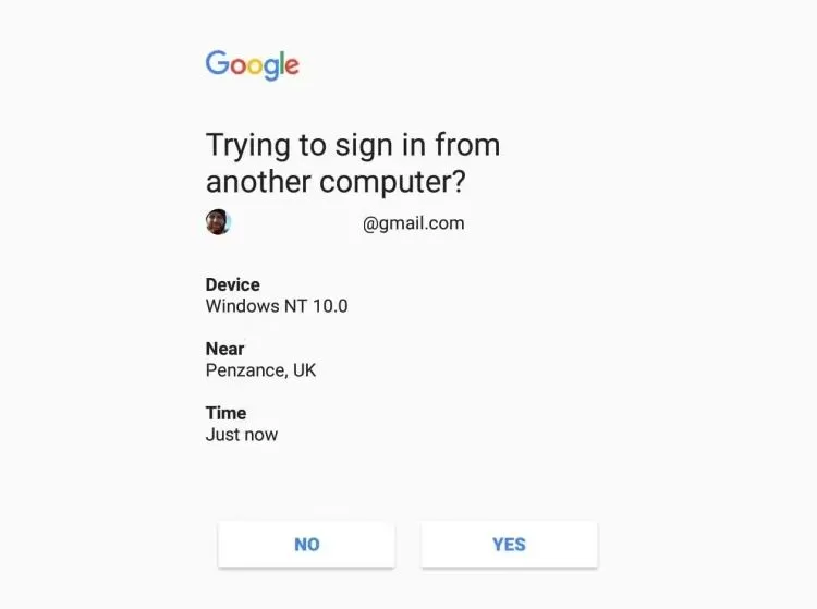 Thông báo xác thực 2 yếu tố của Google hiển thị trên thiết bị thứ hai