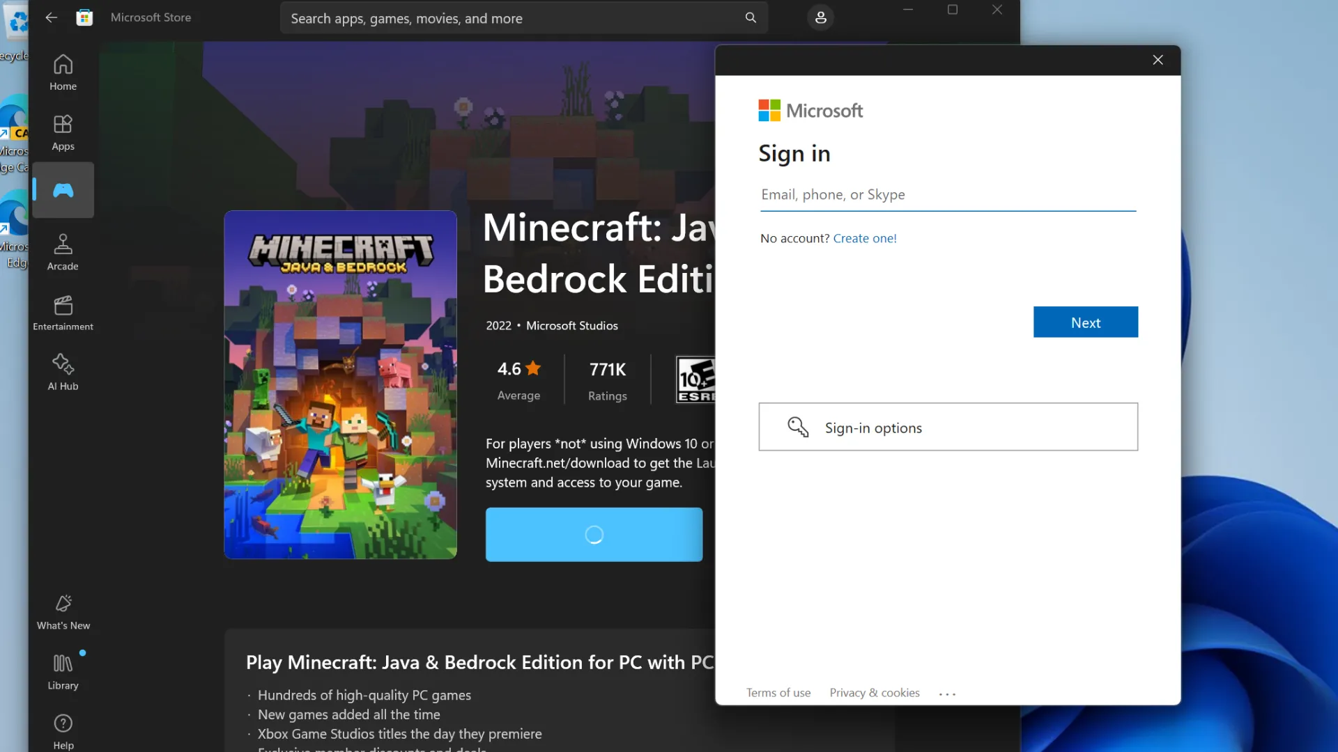 Thông báo yêu cầu đăng nhập tài khoản Microsoft trên Microsoft Store để hoàn tất giao dịch mua ứng dụng.