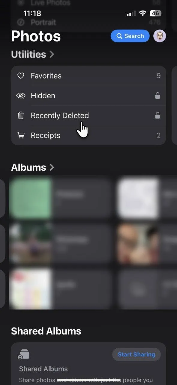 Thư mục "Đã xóa gần đây" trên iPhone sau khi xóa ảnh để giải phóng dung lượng iCloud