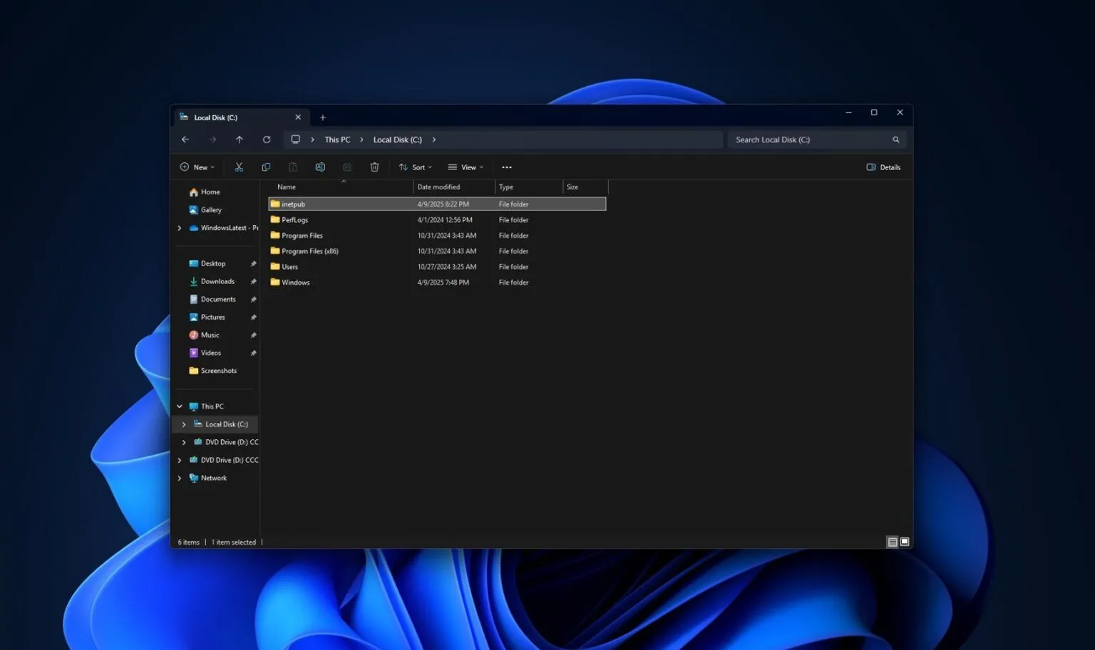 Thư mục inetpub trống rỗng trên ổ C của Windows 11