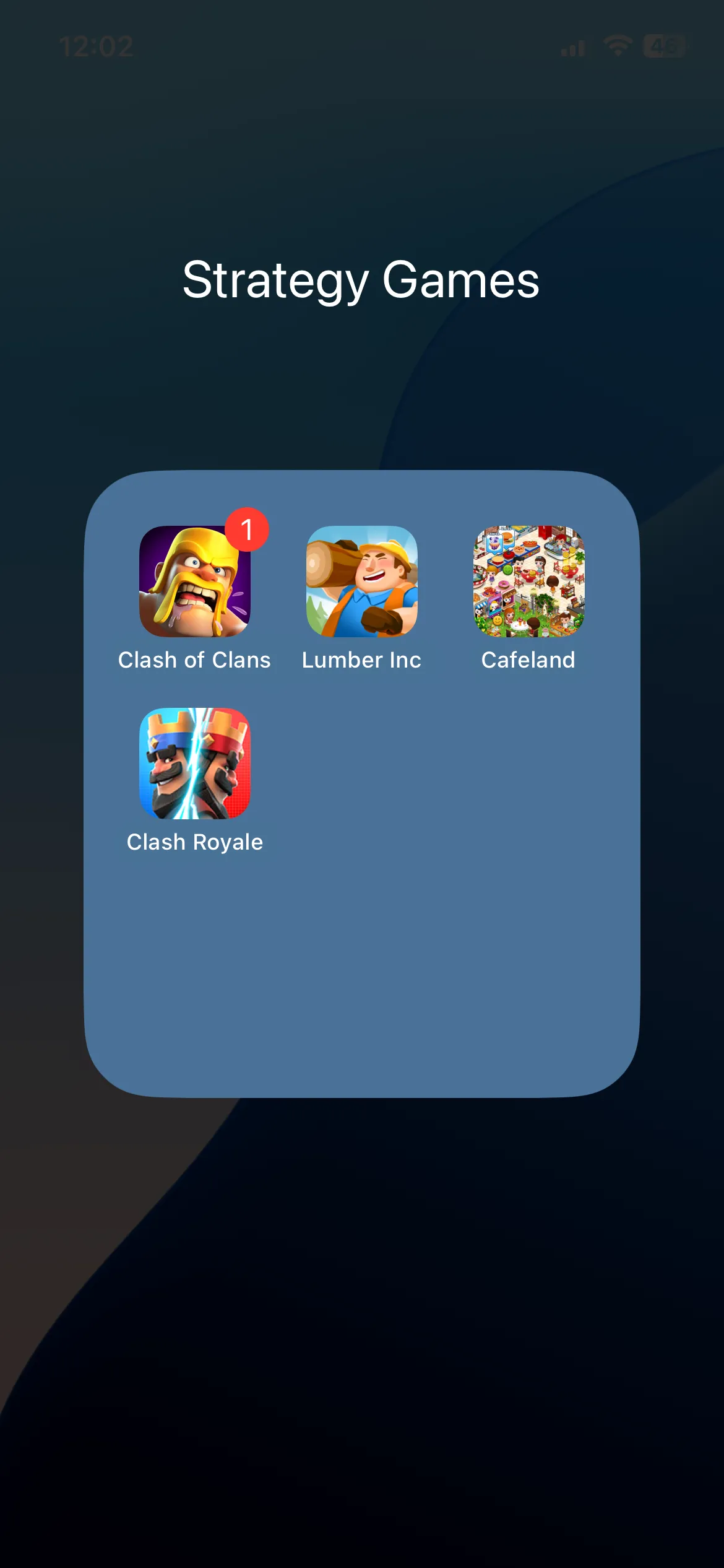 Thư mục Trò chơi trên màn hình chính iPhone chứa các biểu tượng ứng dụng game.