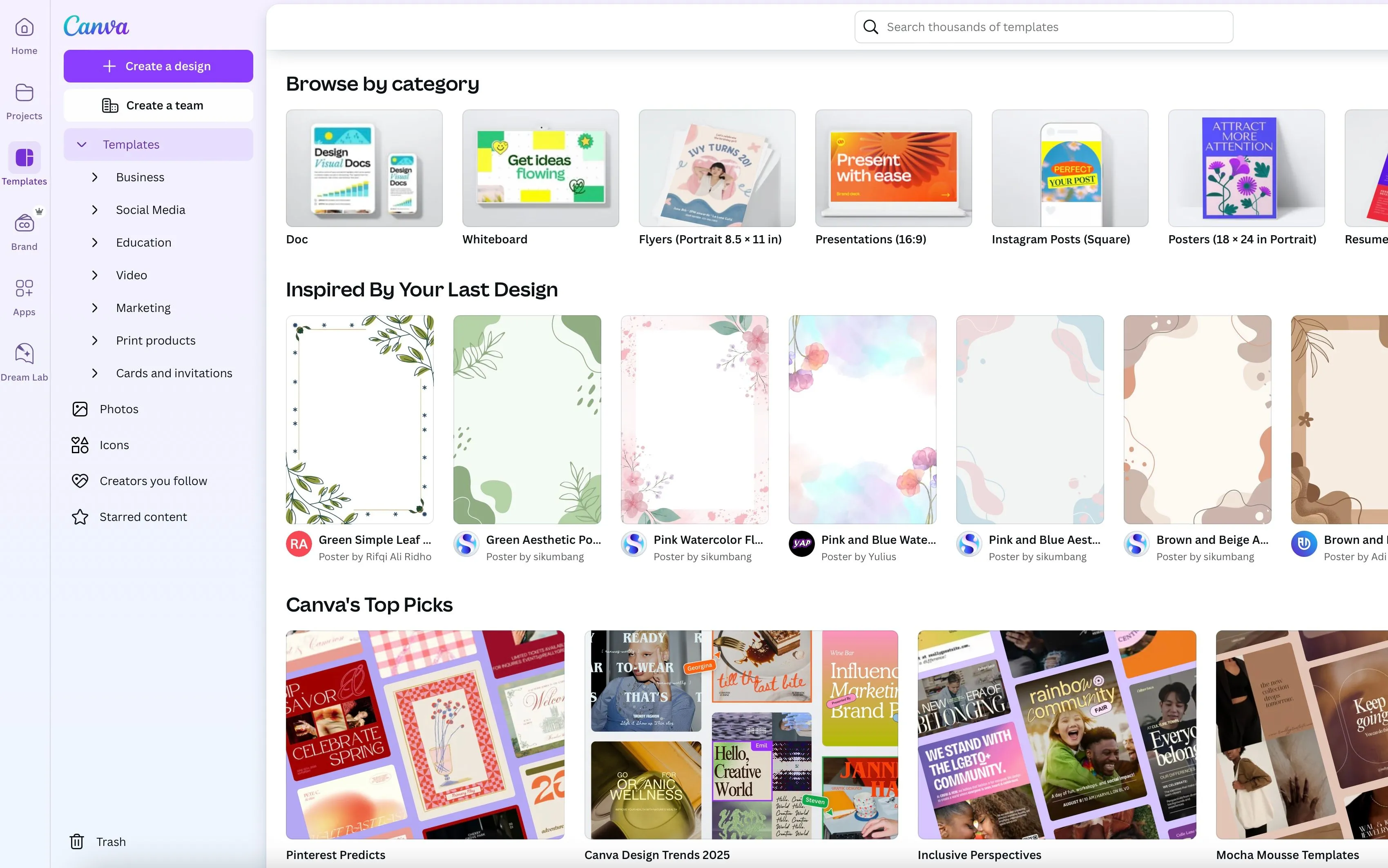 Thư viện các mẫu thiết kế (template) đa dạng có sẵn trong Canva