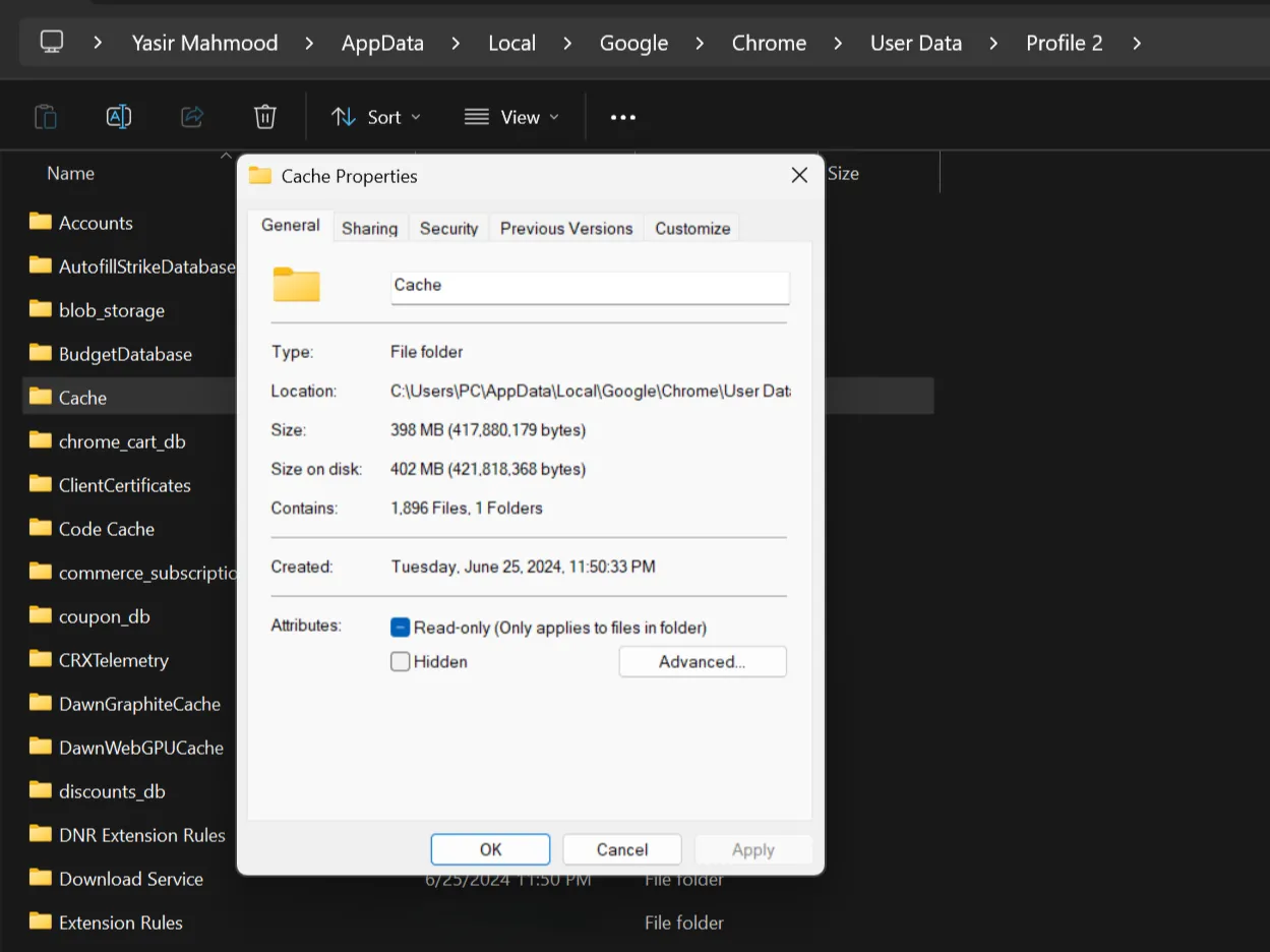 Thuộc tính thư mục bộ nhớ đệm (cache) của Google Chrome trên Windows, minh họa dung lượng sử dụng.