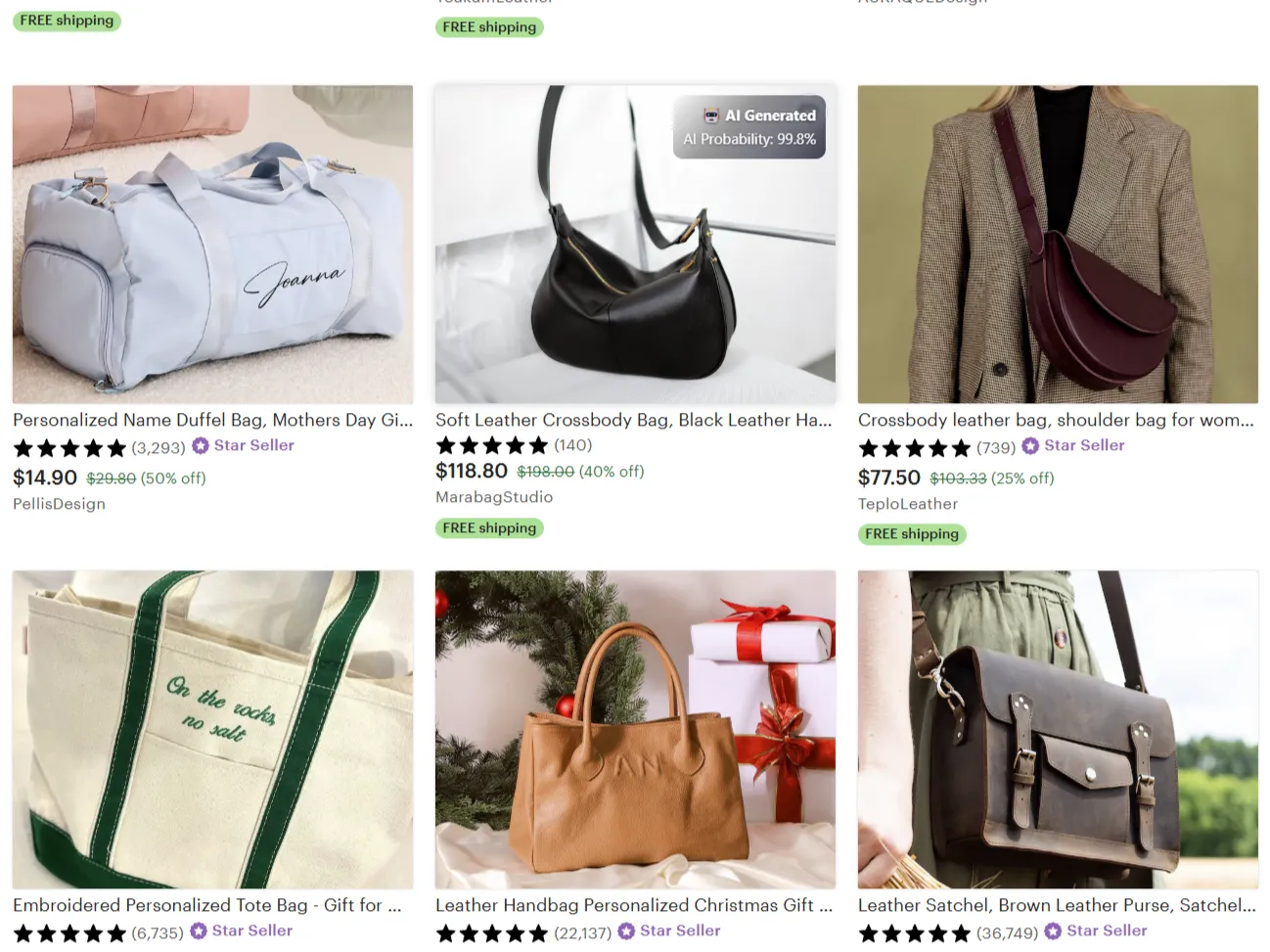 Tiện ích BitMind trên Chrome nhận diện hình ảnh AI trên trang Etsy với tỷ lệ phần trăm.