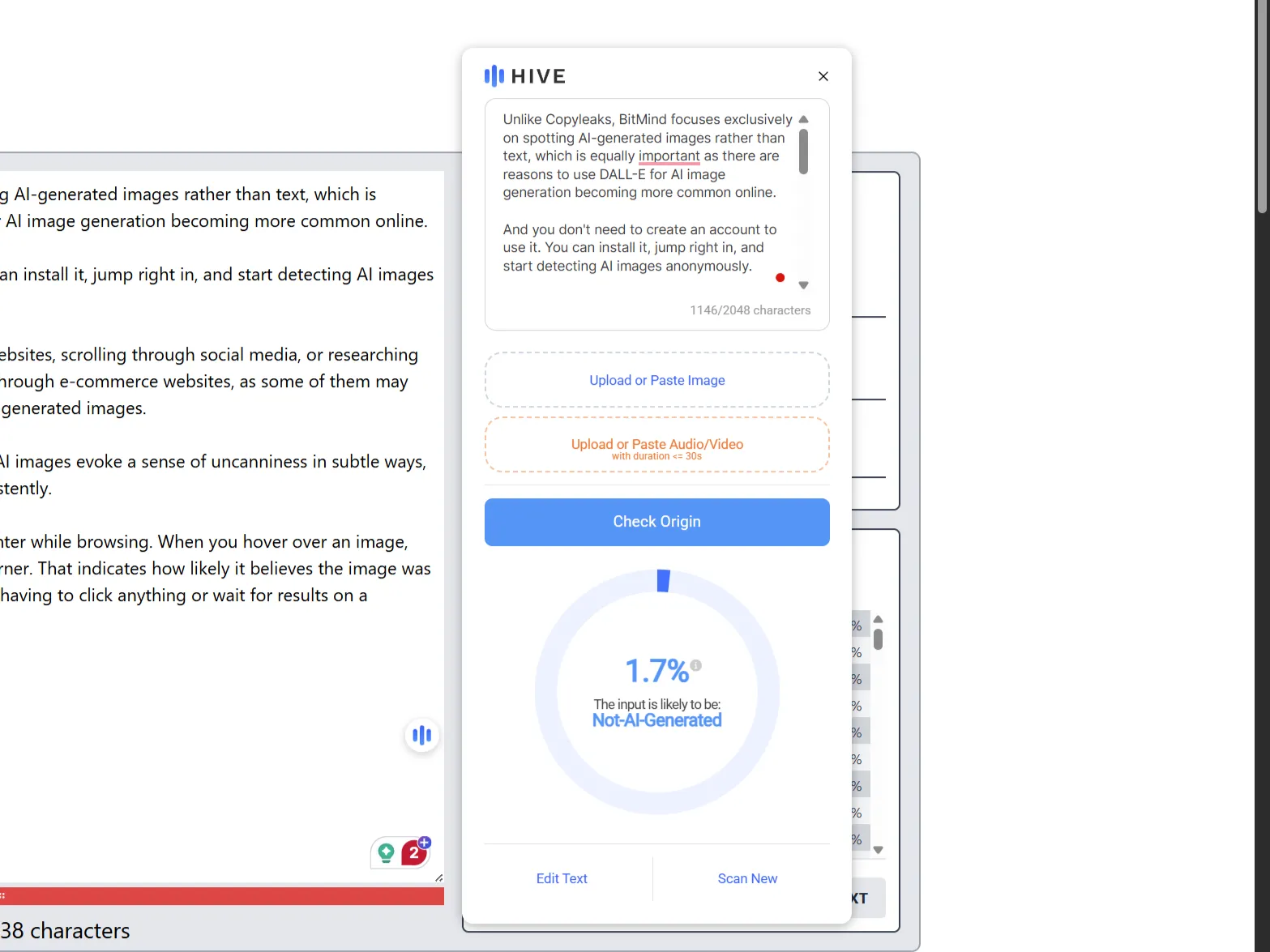 Tiện ích Hive AI trên Chrome xác nhận nội dung được viết bởi con người thông qua thanh bên.