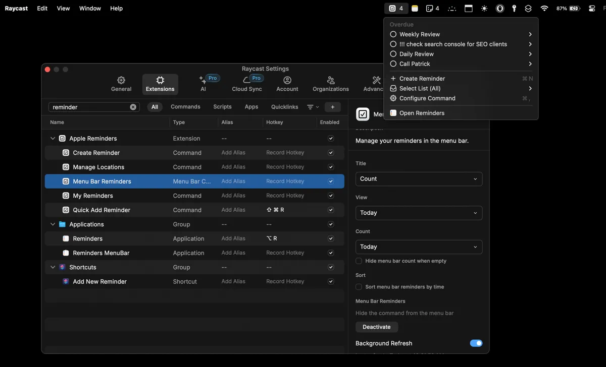 Tiện ích mở rộng Apple Reminders của Raycast hiển thị trên thanh menu Mac để truy cập nhanh