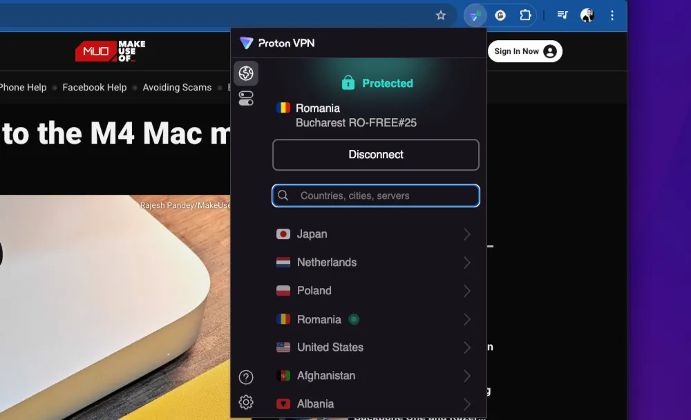 Tiện ích mở rộng ProtonVPN đang kết nối, minh họa giao diện sử dụng VPN