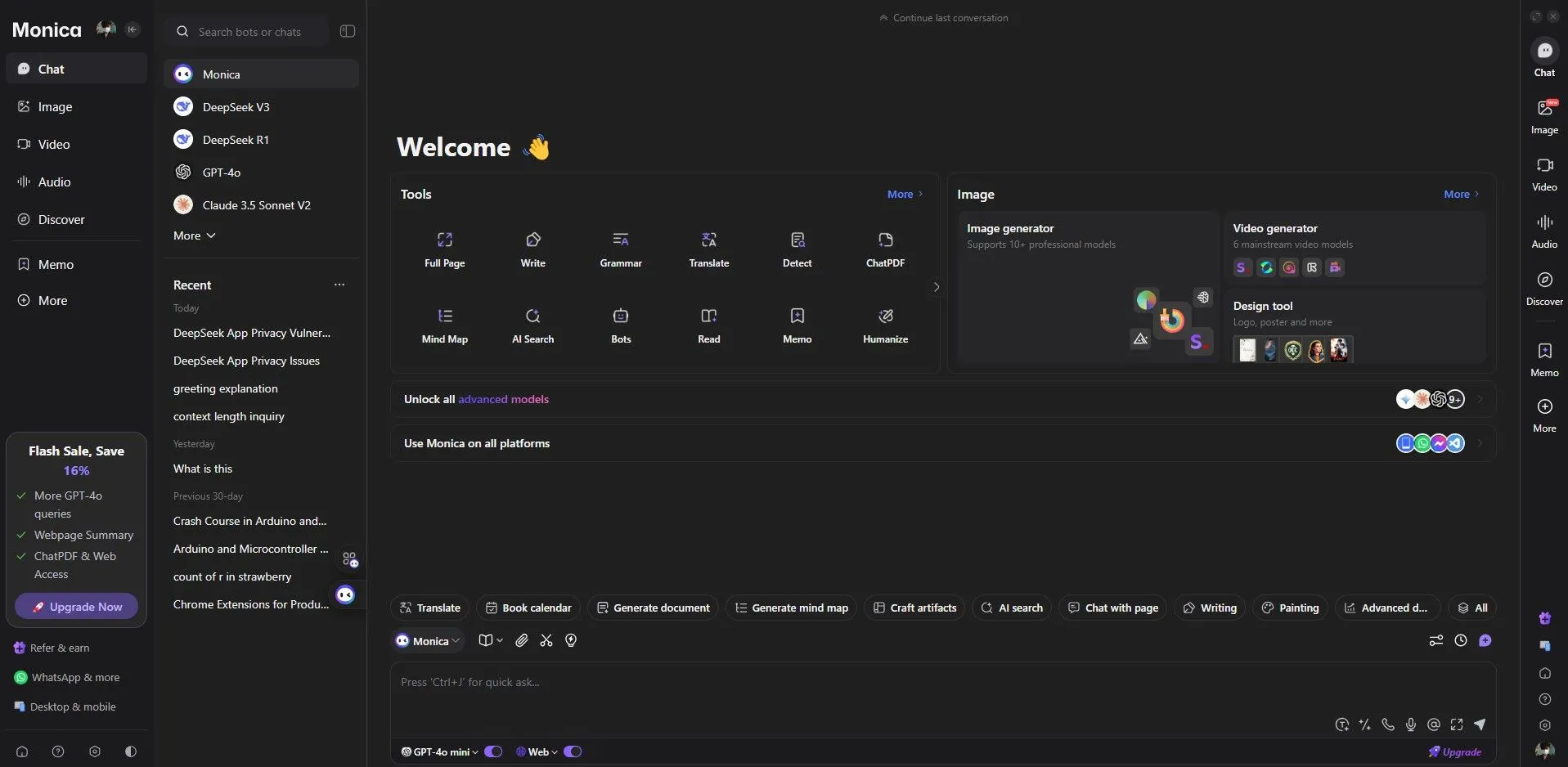 Tiện ích Monica AI với giao diện thanh công cụ và sidebar đầy đủ tính năng trên Chrome.
