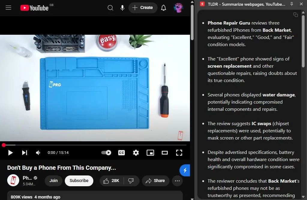 Tiện ích TLDR hiển thị tóm tắt ý chính của video YouTube