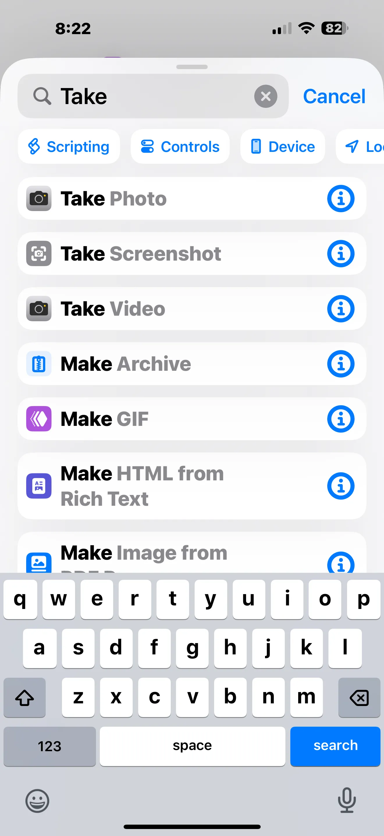 Tìm kiếm hành động "Take Screenshot" trong ứng dụng Phím tắt để tạo phím tắt chụp màn hình iPhone.