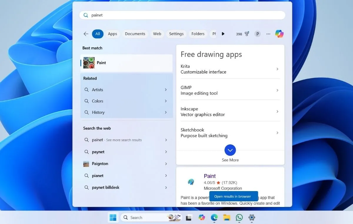 Tìm kiếm Start Menu hiển thị kết quả web trên Windows 11