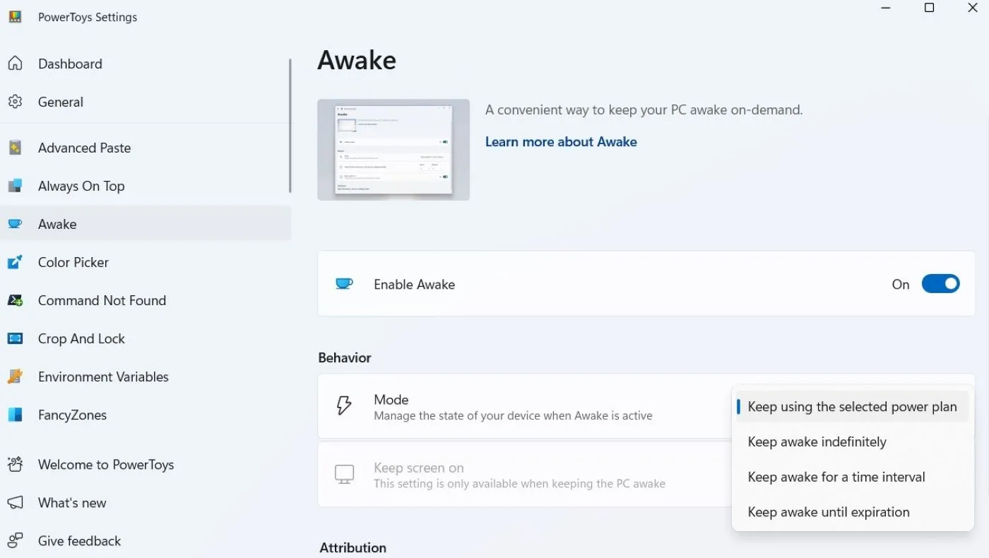 Tính năng Awake của Microsoft PowerToys được hiển thị trong giao diện ứng dụng.