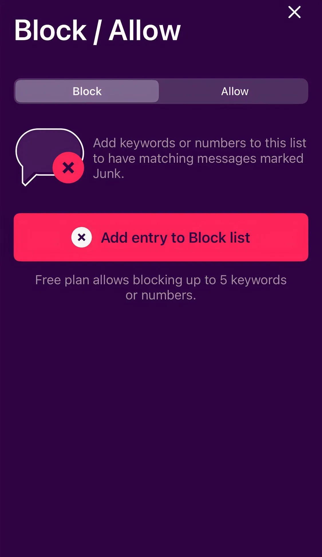 Tính năng cho phép hoặc chặn tin nhắn trong ứng dụng TextKiller