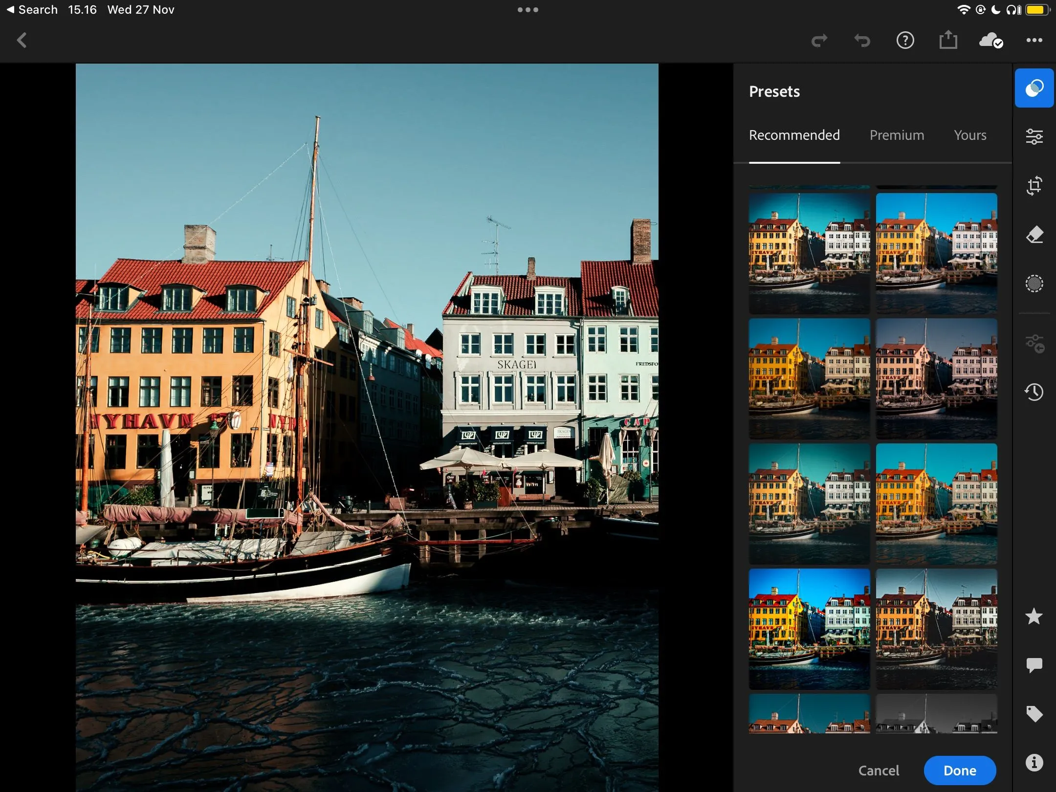 Tính năng Đề Xuất Preset thông minh của Adobe Lightroom đang hiển thị các bộ lọc phù hợp với ảnh