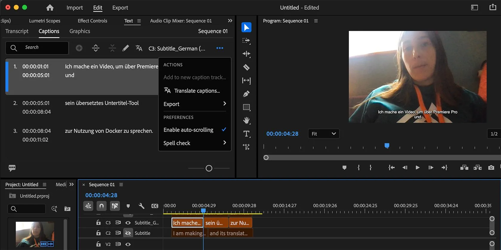 Tính năng dịch phụ đề tự động của Premiere Pro được hỗ trợ bởi AI, hiển thị các tùy chọn ngôn ngữ dịch