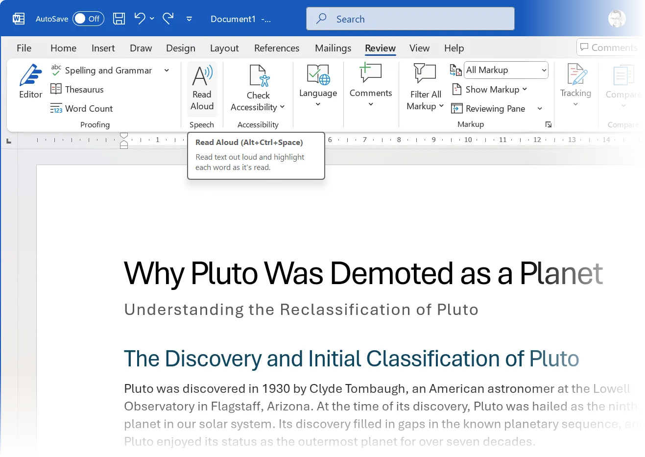 Tính năng Đọc To (Read Aloud) của Microsoft Word giúp người dùng nghe lại văn bản để kiểm tra lỗi và phát hiện các ý còn thiếu.