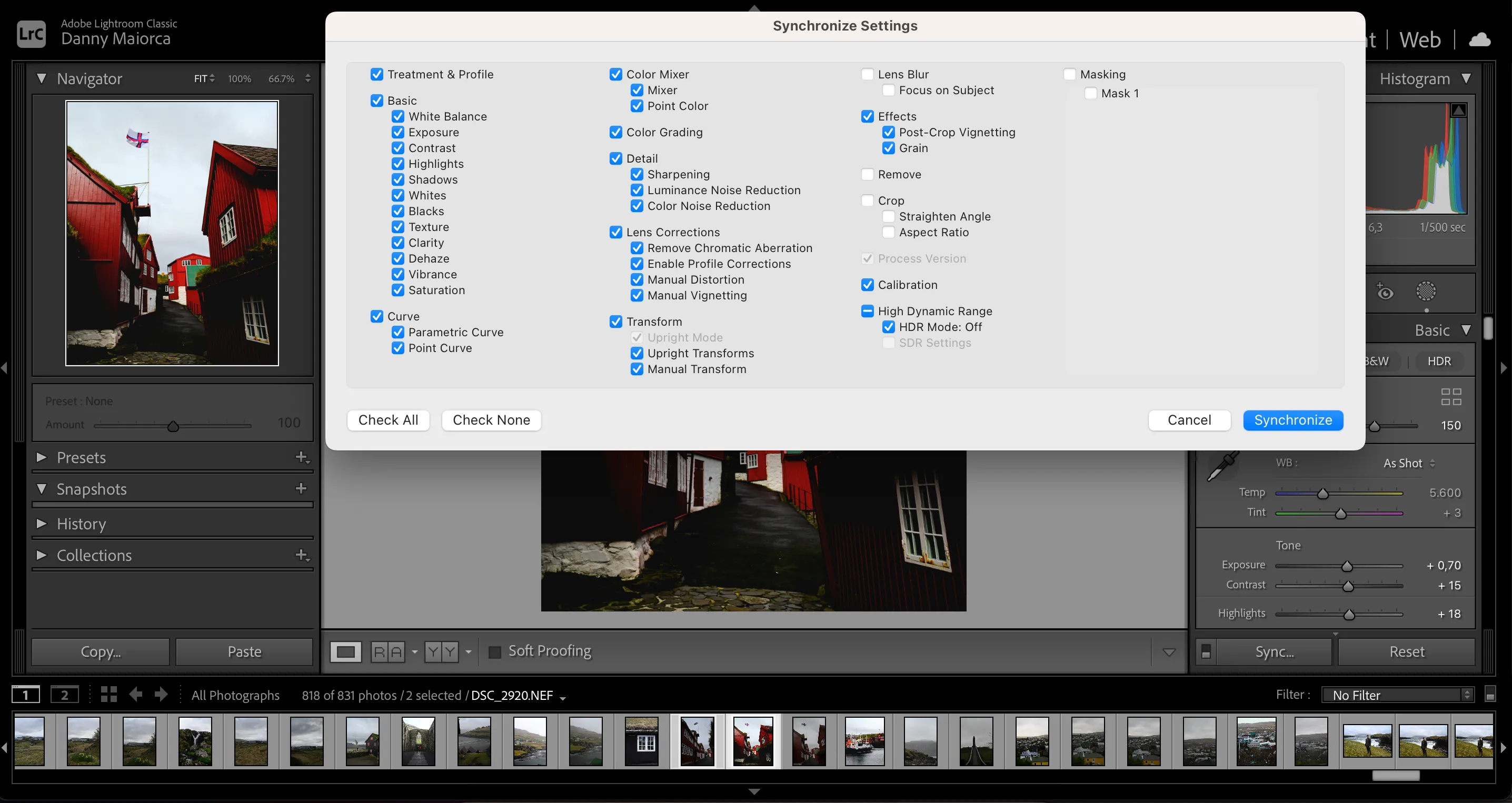 Tính năng đồng bộ hóa cài đặt trong Adobe Lightroom giúp chỉnh sửa hàng loạt