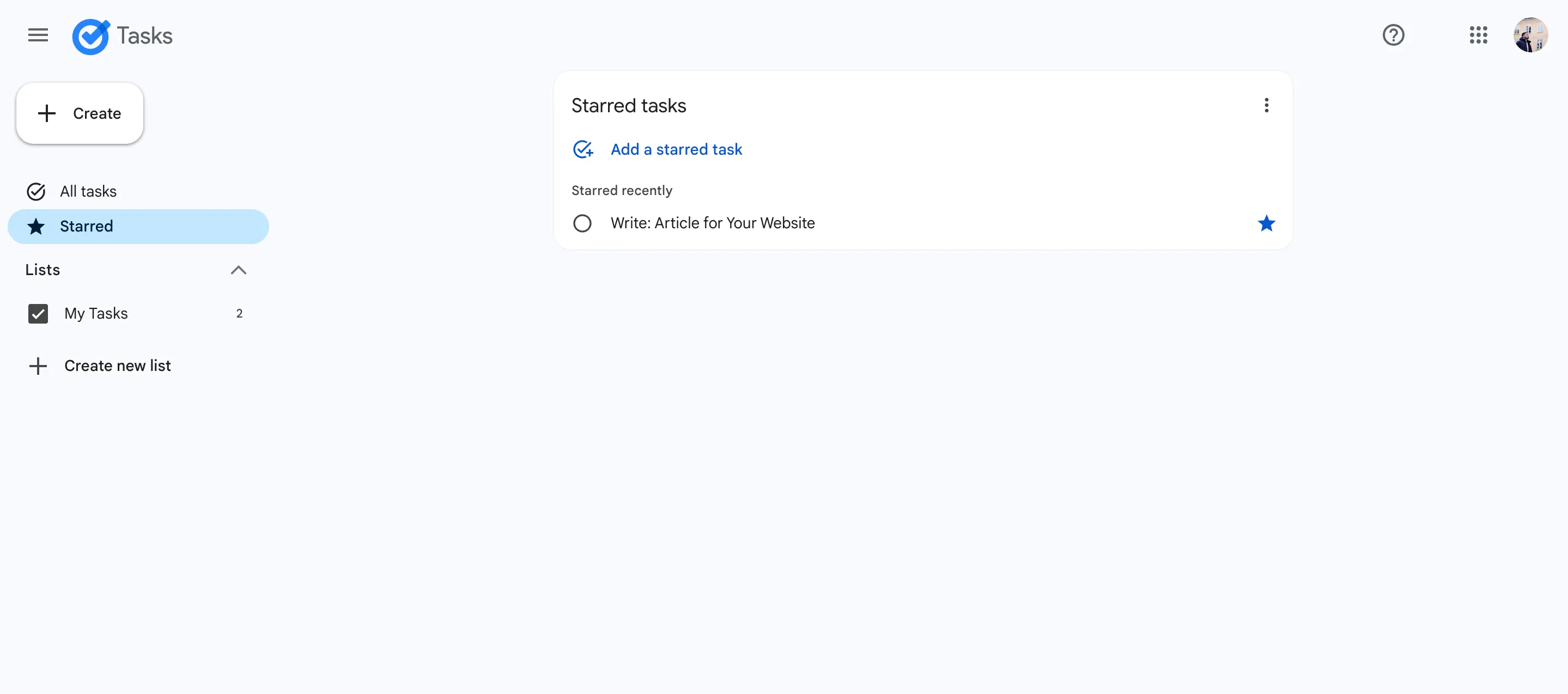 Tính năng ghim sao (Starred) trong ứng dụng Google Tasks, giúp ưu tiên công việc quan trọng