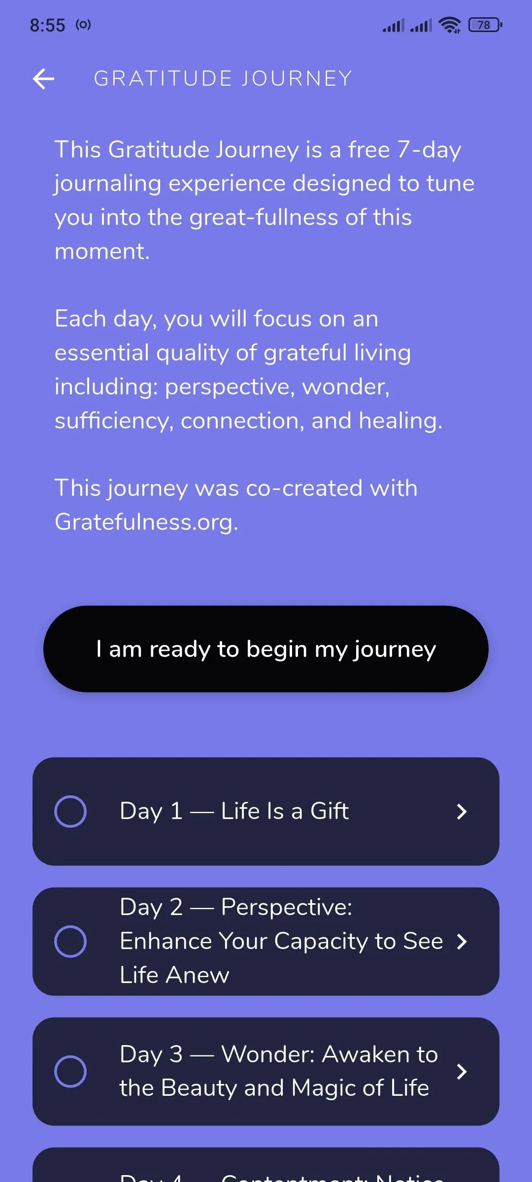 Tính năng &quot;Hành trình Lòng biết ơn&quot; trong Reflection.app, một hướng dẫn ghi nhật ký có cấu trúc.