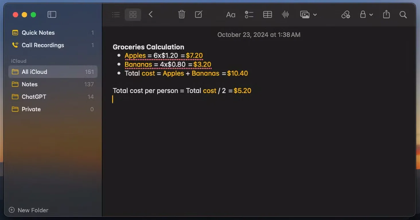 Tính năng Math Notes trong ứng dụng Ghi chú trên macOS Sequoia giúp giải các biểu thức toán học