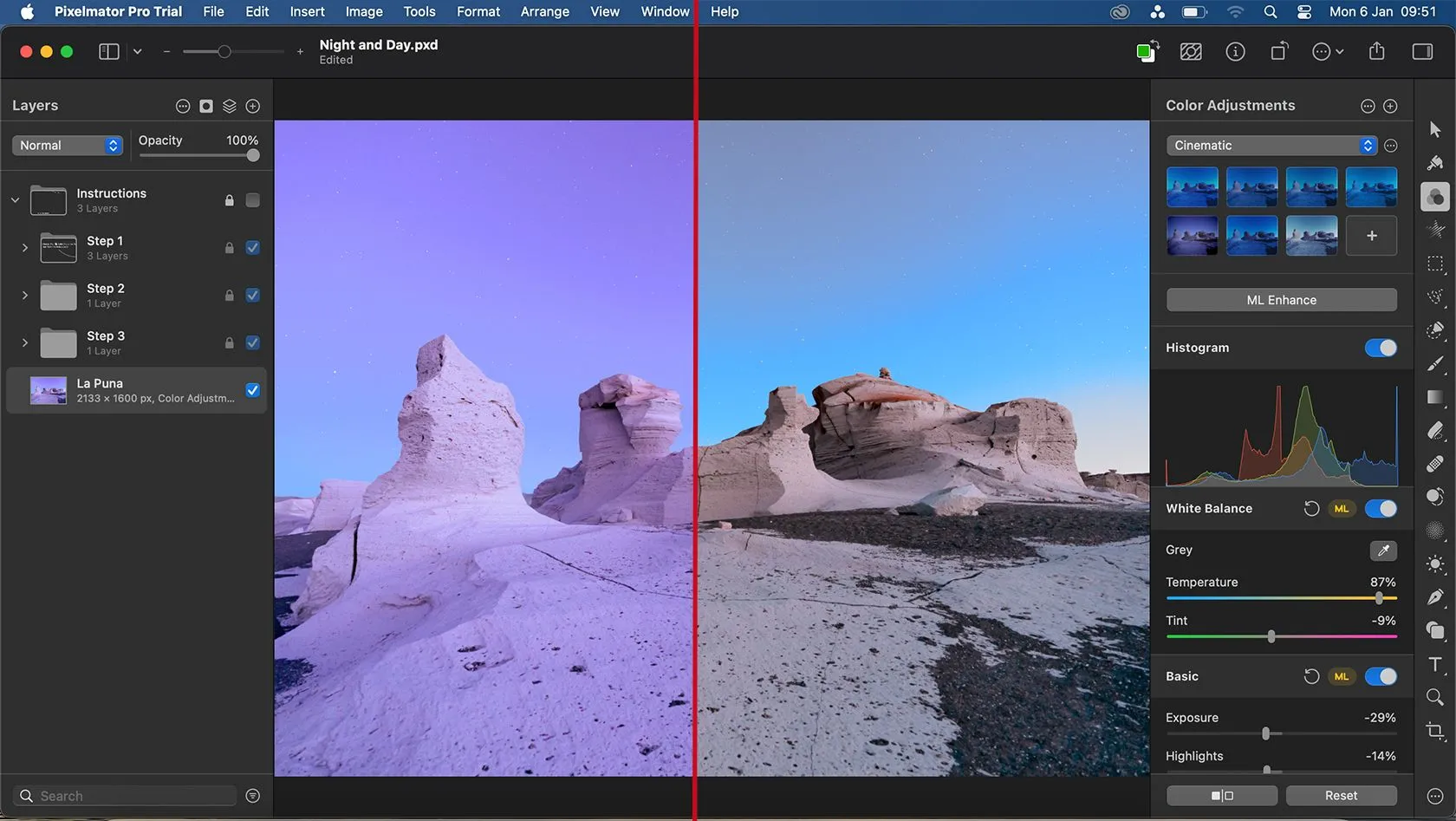 Tính năng ML Enhance trước và sau của Pixelmator Pro