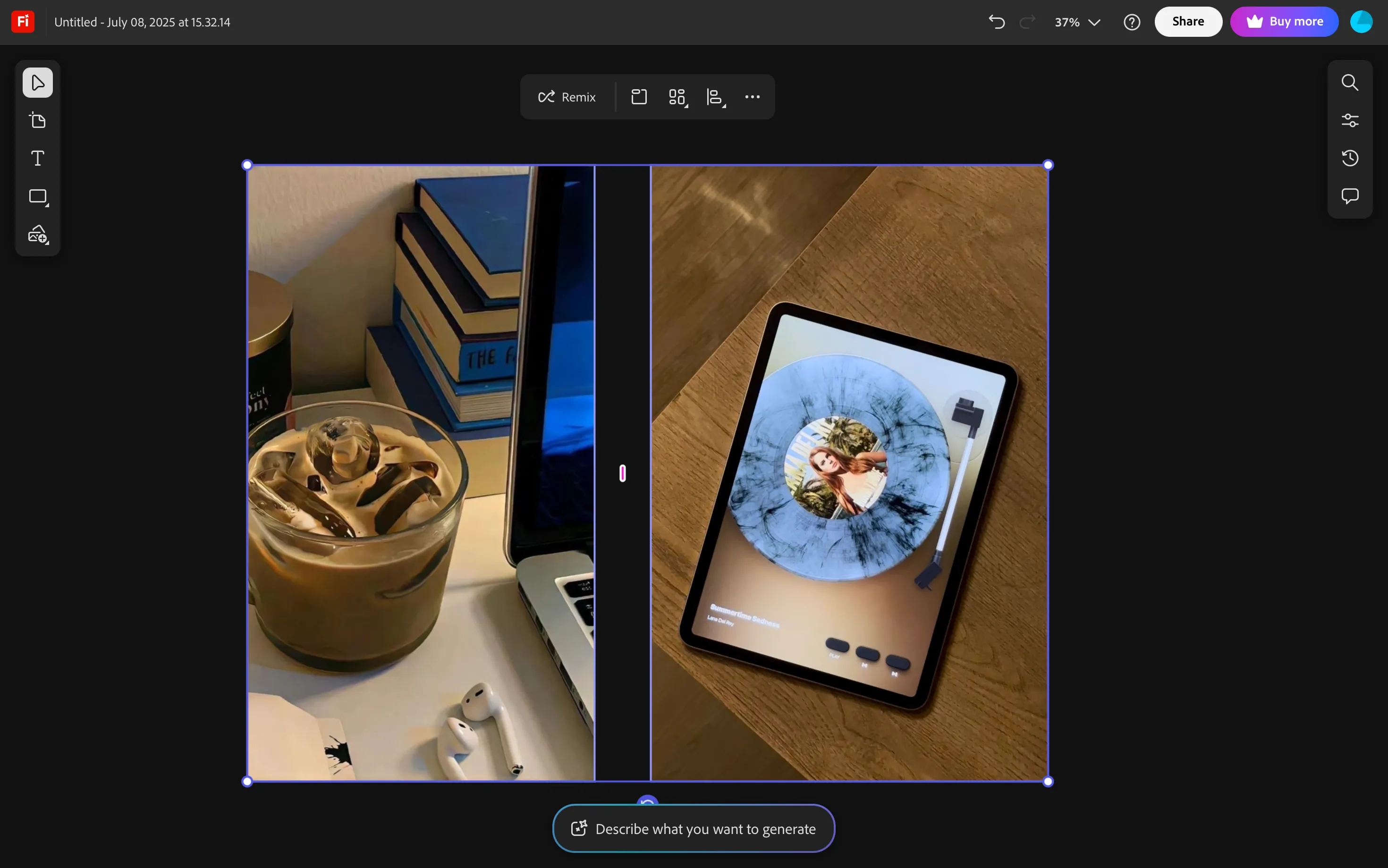Tính năng Remix của Adobe Firefly Boards hiển thị khi hai hình ảnh được chọn, minh họa cách trộn ảnh bằng AI.