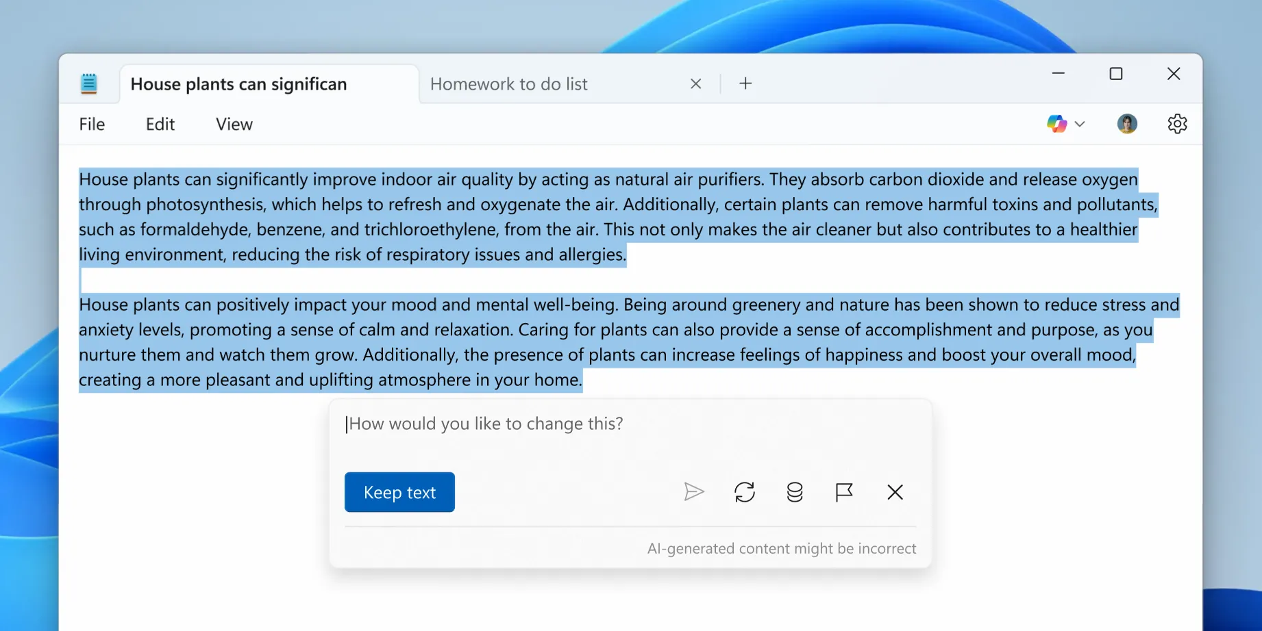 Tính năng Write của Copilot trong Notepad giúp tạo nội dung mới