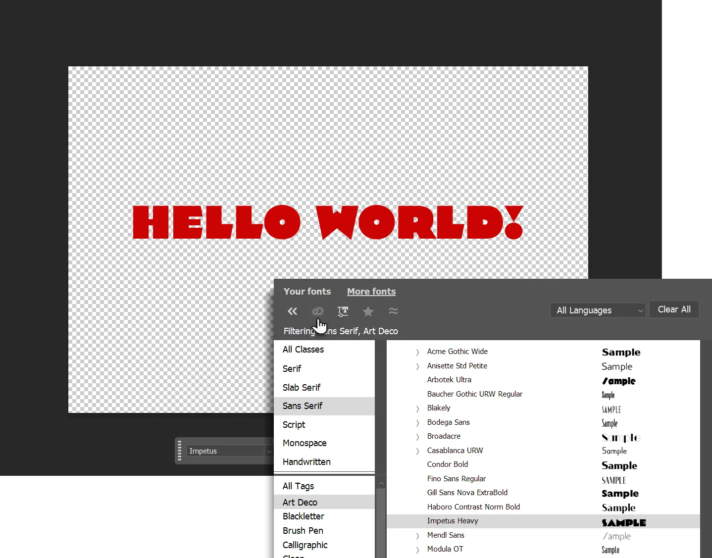 Tính năng xem trước font chữ trong Font Browser của Adobe Photoshop, hiển thị văn bản mẫu được áp dụng các kiểu font khác nhau
