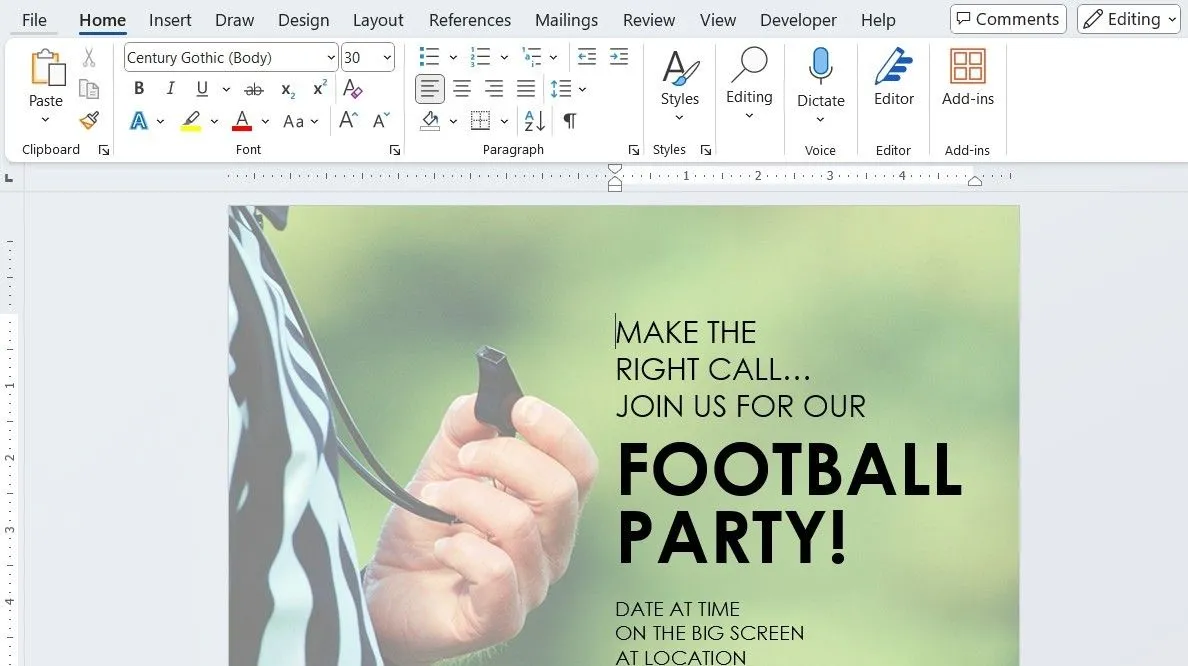 Tờ rơi tiệc bóng đá được tạo trong Microsoft Word