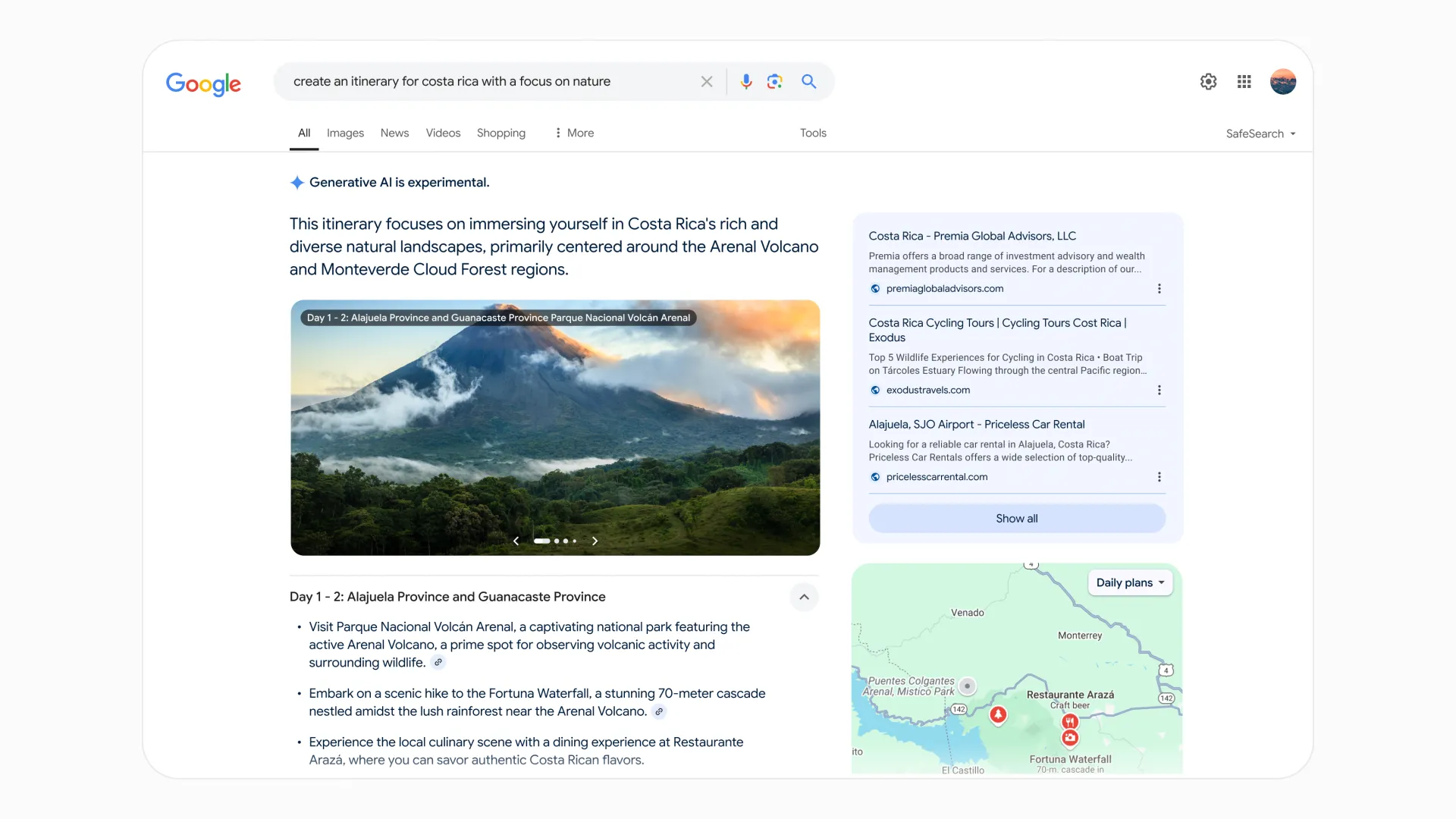 Tổng quan AI trên Google Search với ý tưởng lịch trình du lịch chi tiết theo ngày
