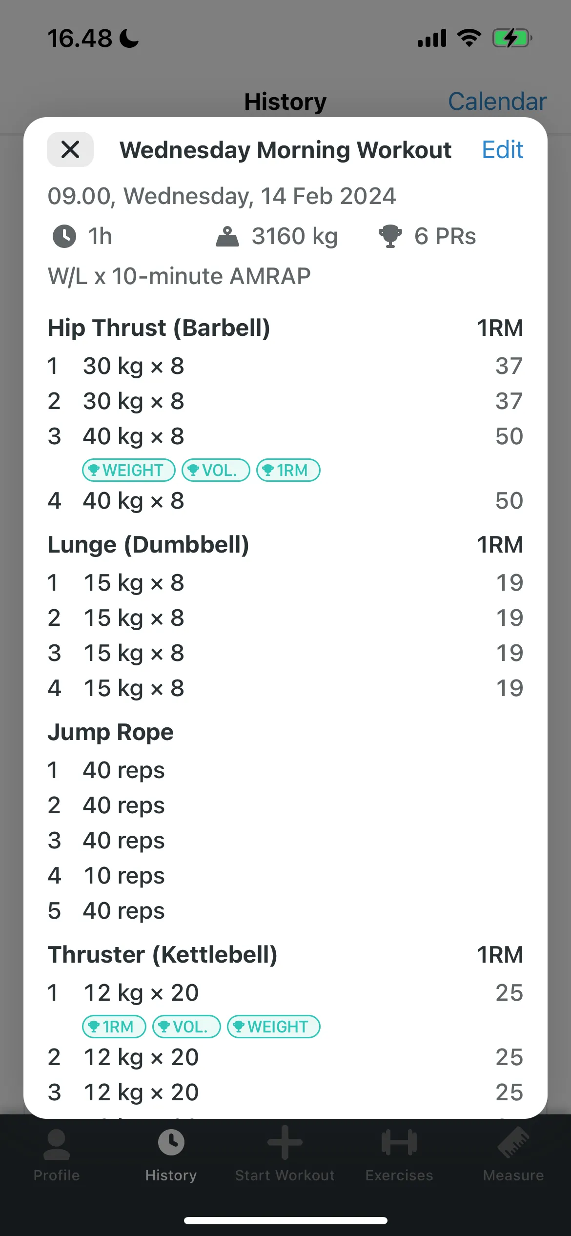 Tổng quan chi tiết một buổi tập cụ thể trên ứng dụng Strong, giúp theo dõi tiến độ tập gym hiệu quả