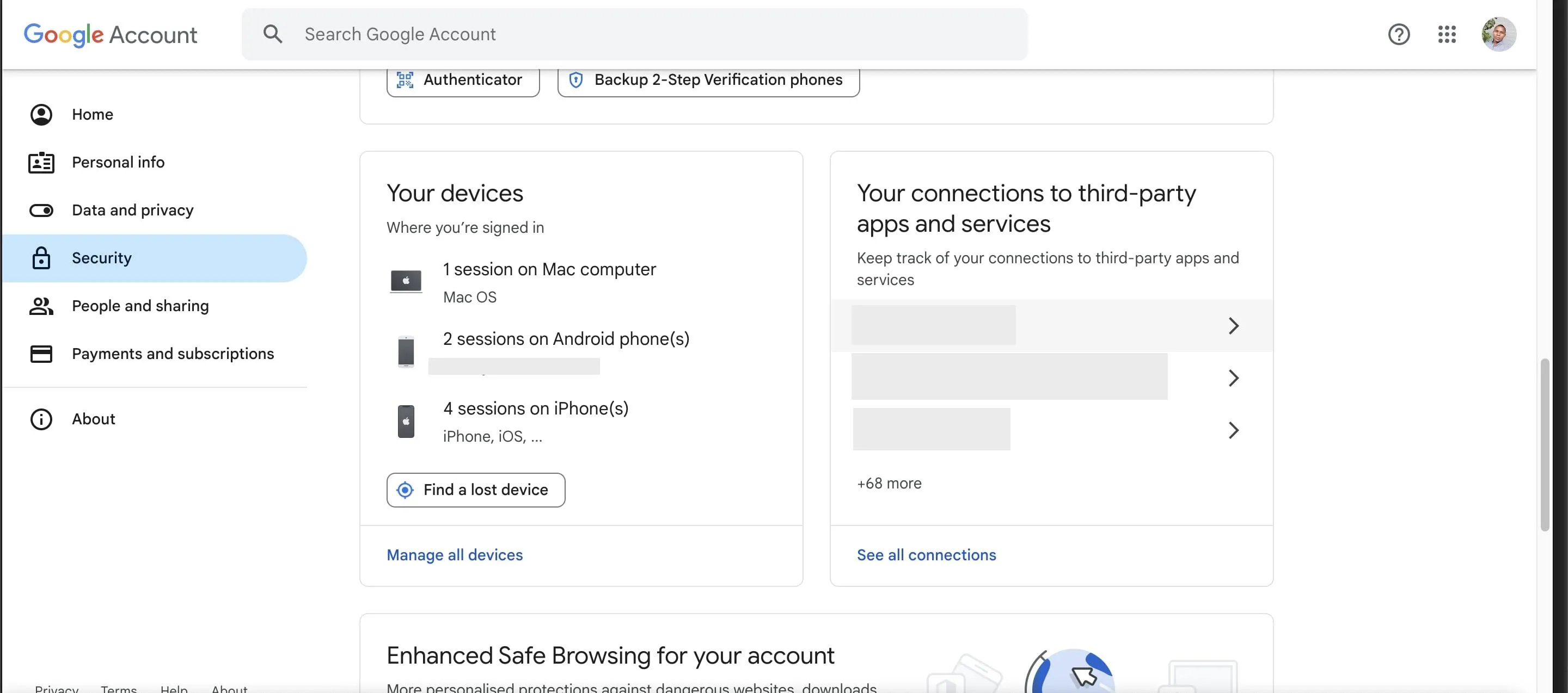 Trang bảo mật tài khoản Google hiển thị danh sách thiết bị