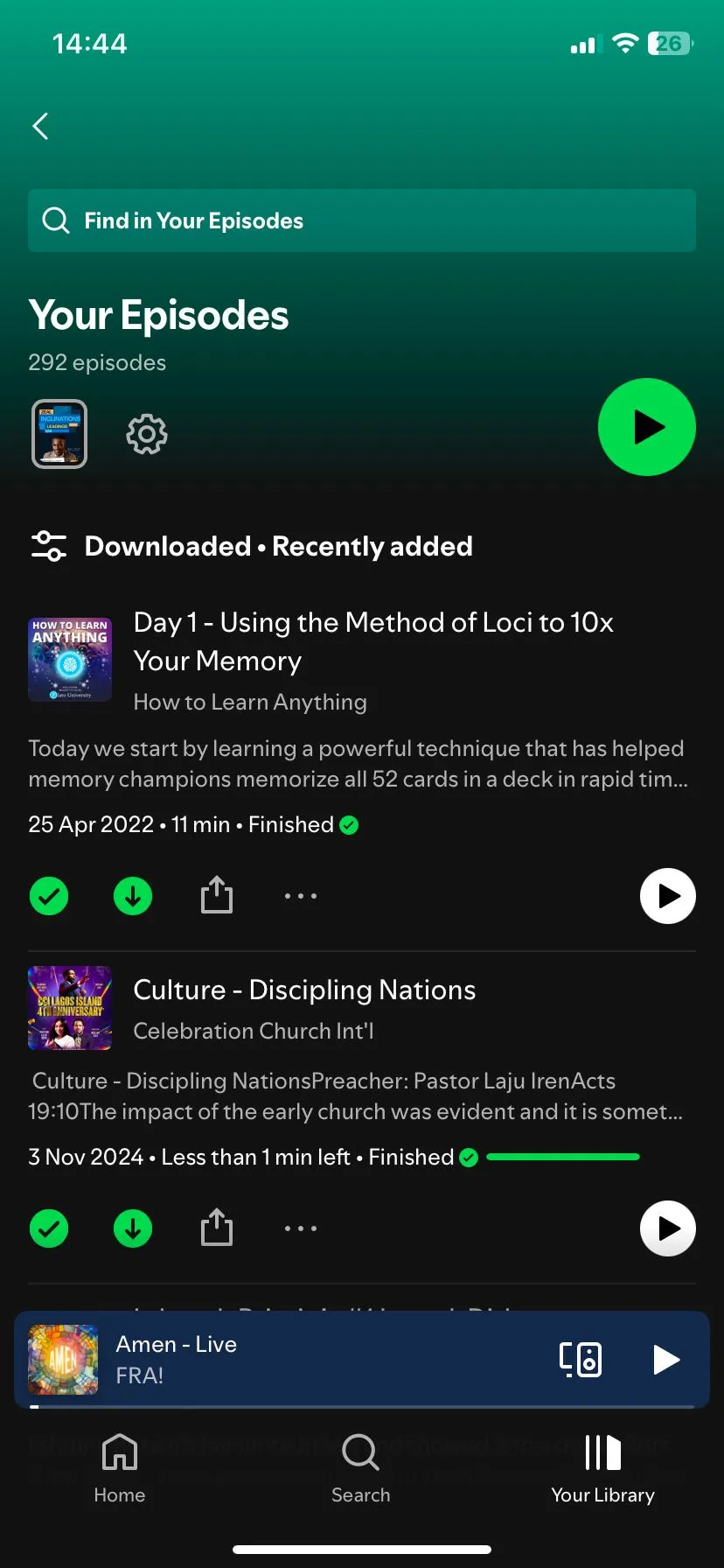 Trang các podcast đã tải xuống trong ứng dụng Spotify.