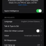 Trang cài đặt Apple Intelligence & Siri trong ứng dụng Cài đặt iOS, hiển thị tùy chọn bật "Gõ để ra lệnh cho Siri".