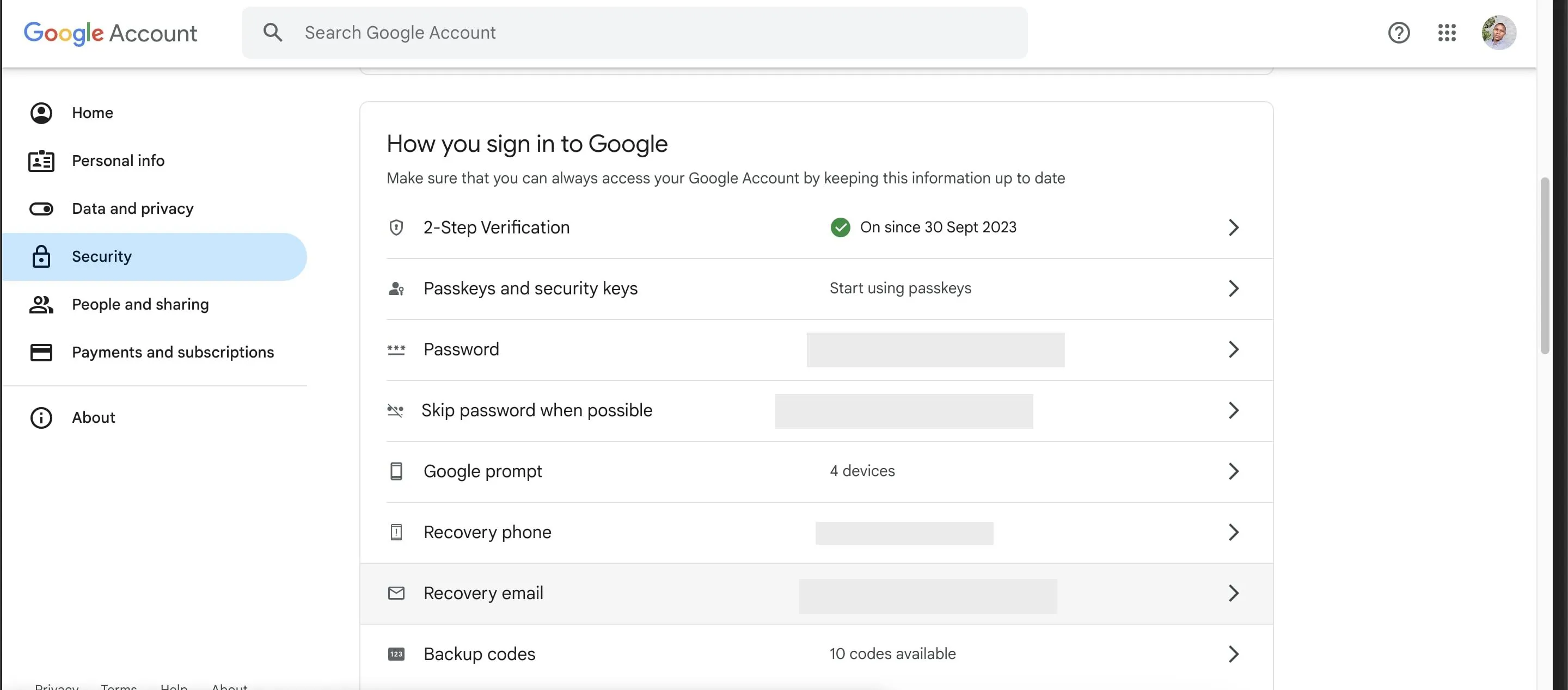 Trang cài đặt bảo mật tài khoản Google