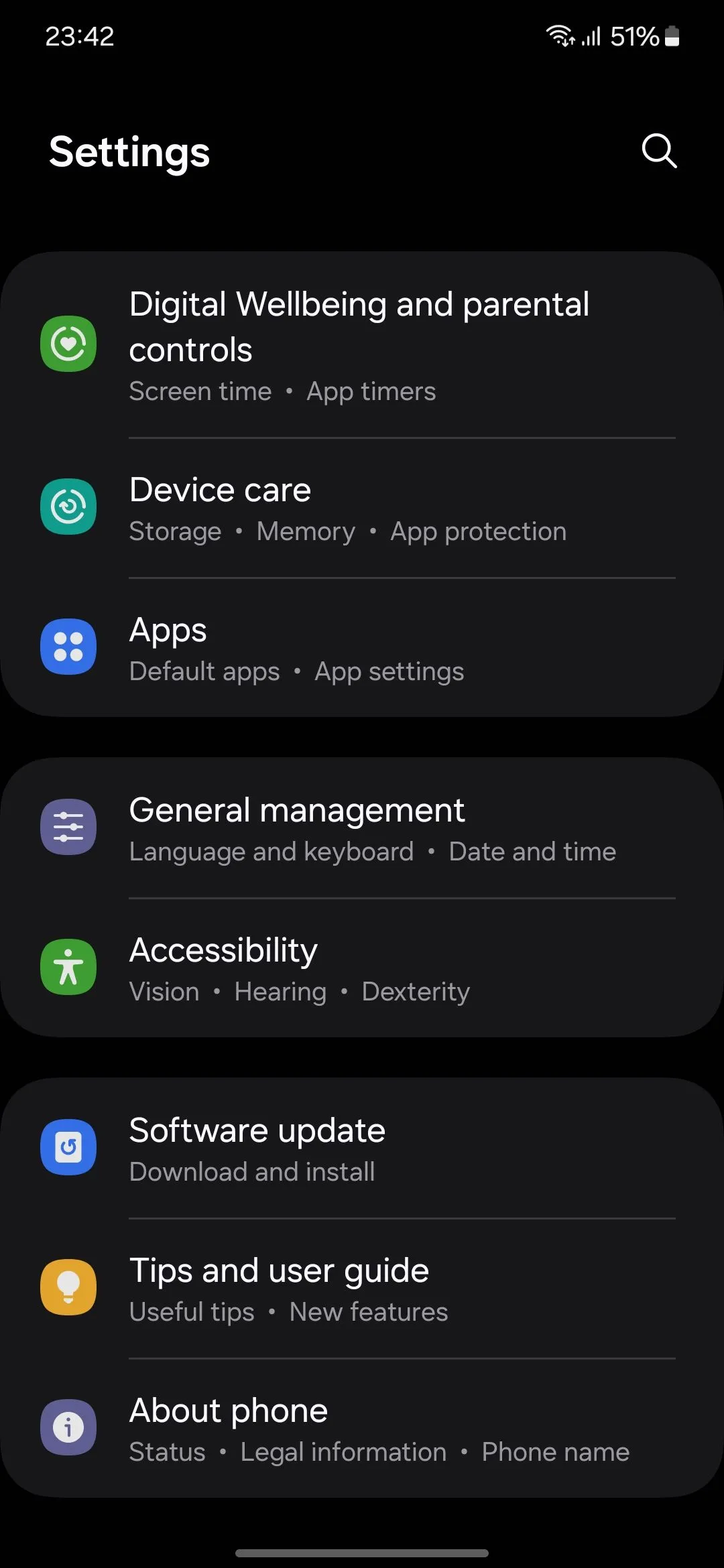 Trang Cài đặt chung trên điện thoại Samsung Galaxy