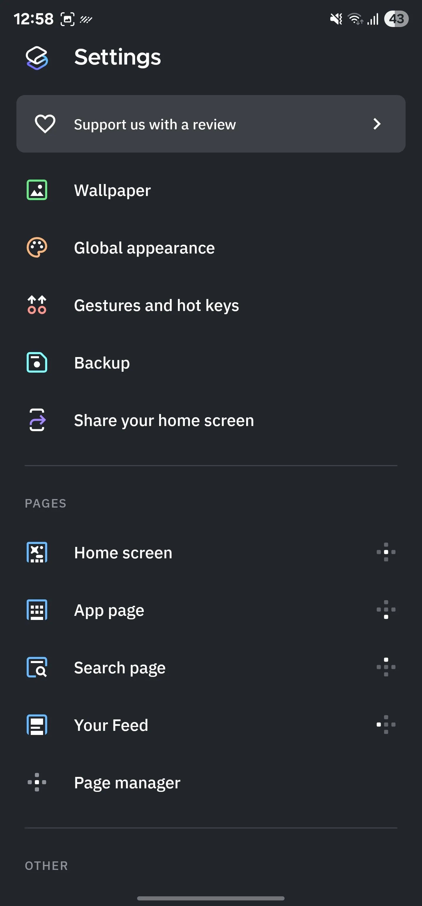 Trang cài đặt của Smart Launcher