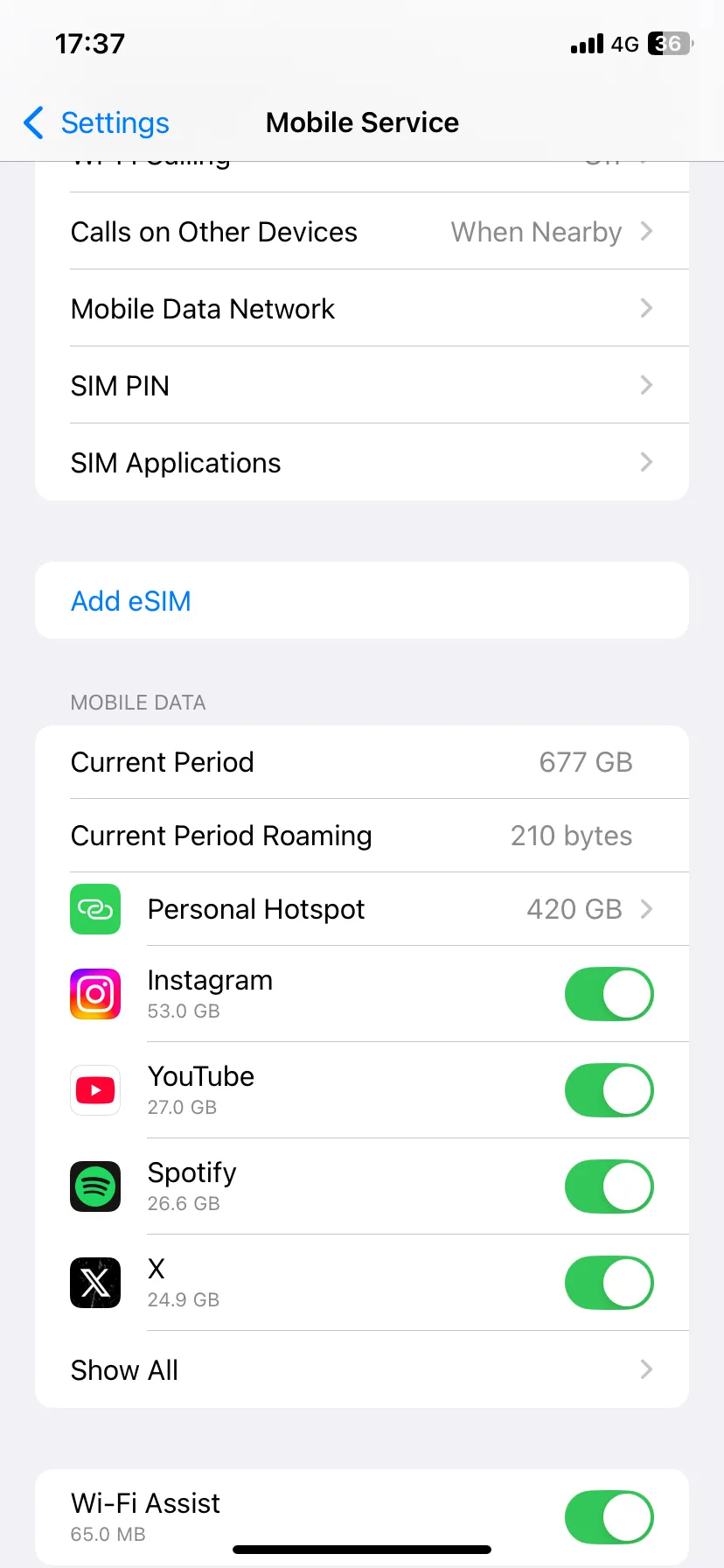 Trang cài đặt Dịch vụ di động trên iPhone, cho phép bật hoặc tắt sử dụng dữ liệu di động cho ứng dụng Mail
