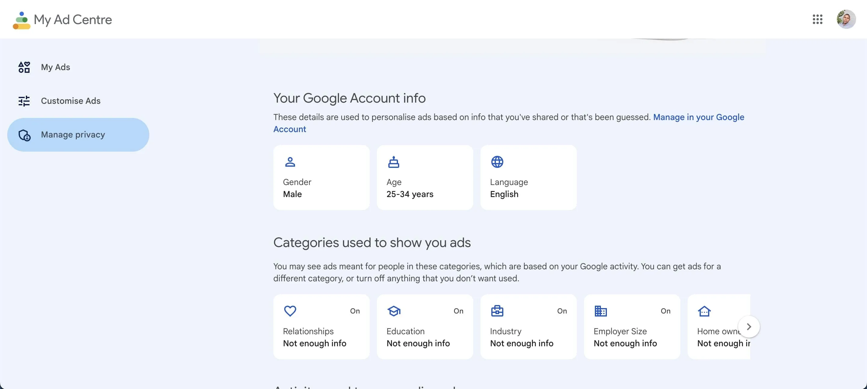 Trang cài đặt quảng cáo Google cá nhân hóa thông tin của bạn