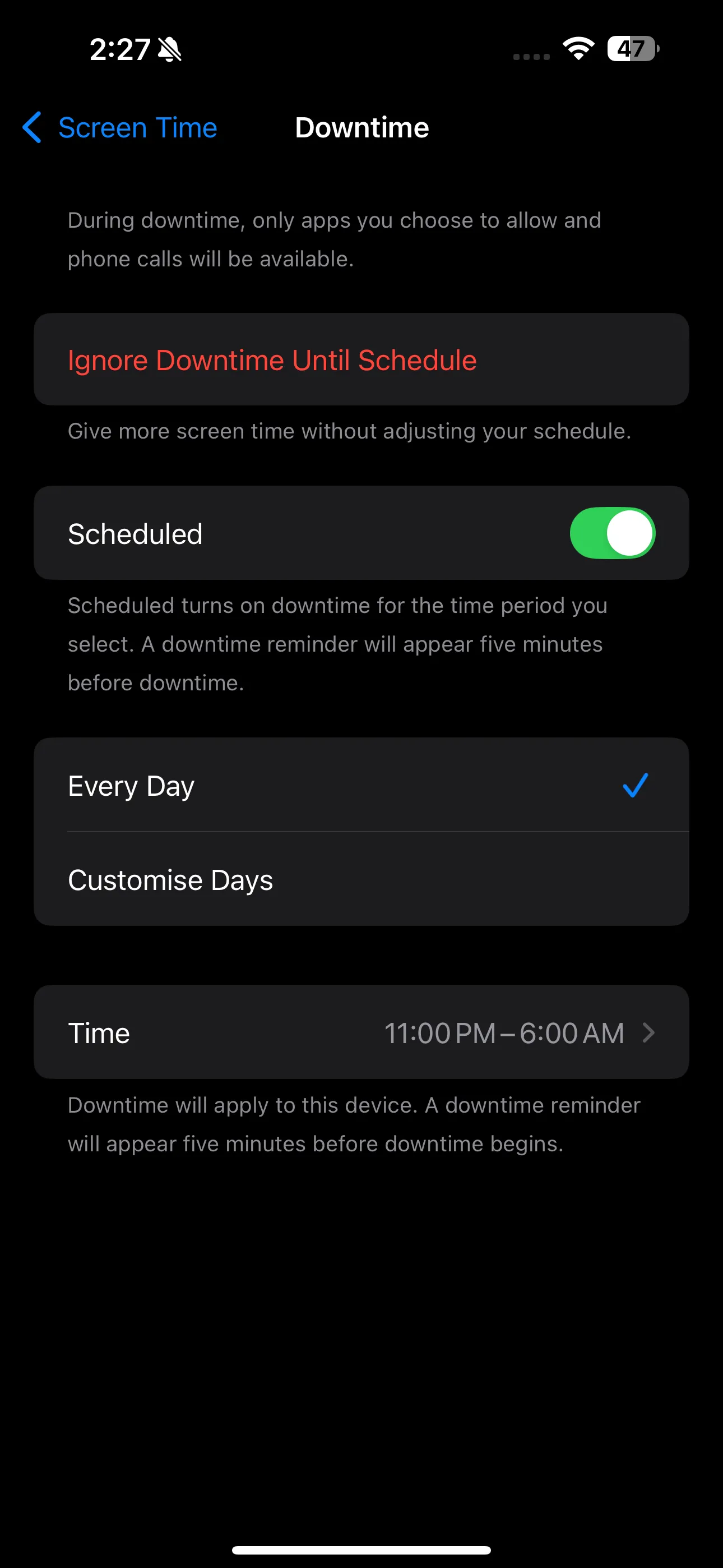Trang cài đặt Thời gian nghỉ (Downtime) trong ứng dụng Cài đặt của iPhone, nơi người dùng có thể lên lịch và tùy chỉnh chế độ Downtime.