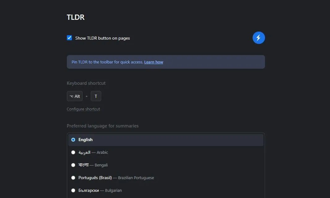 Trang cài đặt tiện ích TLDR cho Chrome, hỗ trợ nhiều ngôn ngữ tóm tắt